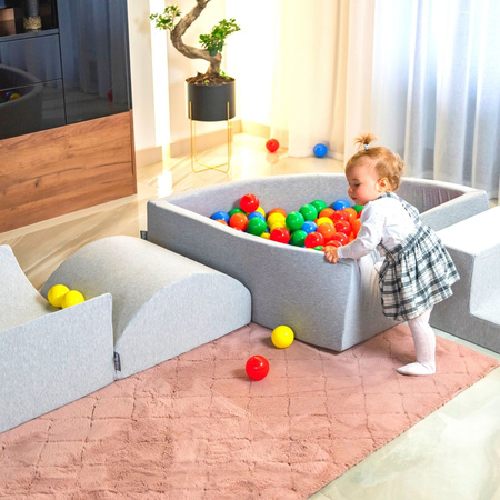 KiddyMoon Spielplatz Schaumstoff mit Viertel Eckig Bällebad Bälle Hindernisläufe, hellgrau:perle/grau/transparent/babyblue/minze, Bällebad (300 Bälle) + Version 5