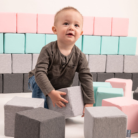 KiddyMoon Weiche Bausteine aus Schaumstoff für Kinder, Blöcke: hellgrau-dunkelgrau-pink-mint, 6 Stücke