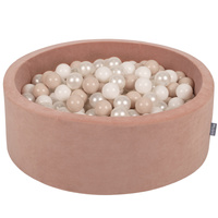 KiddyMoon Rund Bällebad Velvet Bällepool ∅ 7Cm Ballgruben Für Babys Spielbad Kleinkinder, Hergestellt in der EU, wüstenrosa: pastellbeige/weiß/perle, 90x30cm/200 Bälle