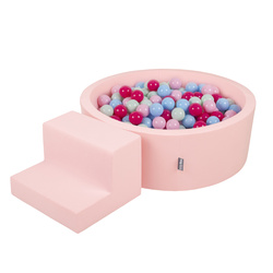 KiddyMoon Spielplatz aus Schaumstoff mit Rund Bällebad (200 Bälle) Ballgruben für Babys Spielbad Hindernisläufen, Hergestellt in der EU, pink:puderrosa/dunkelpink/babyblau/minze, Bällebad (100 Bälle) + Stüfchen