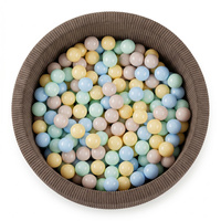 KiddyMoon Bällebad für Kinder aus Schaumstoff, weicher Rippbezug, abnehmbarer Bezug, waschbar, Braun: Pastellbeige/Pastellblau/Pastellgelb/Minze, 90 x 30 cm 200 Bälle