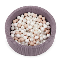 KiddyMoon Bällebad für Kinder aus Schaumstoff, weicher Rippbezug, abnehmbarer Bezug, waschbar, Violett: Pastellbeige/Weiß/Perle, 90 x 30 cm 200 Bälle