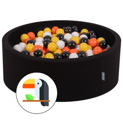 KiddyMoon Bällebad Bällepool mit bunten Bällen ∅ 7Cm  für Babys Kinder Rund, Tukan:schwarz/weiß/orange/gelb, 90x30cm/200 Bälle