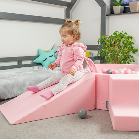 KiddyMoon Spielplatz aus Schaumstoff mit Bällebad und Bällen Hindernisläufen, pink:pastellbeige/pastellgelb/weiß/minze/puderrosa, Bällebad (200 Bälle) + Version 4