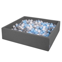 KiddyMoon Quadrat Bällebad Bällepool ∅ 7Cm Eckig Ballgruben Für Babys Spielbad Kleinkinder, Hergestellt in der EU, dunkelgrau: grau/weiß/transparent/babyblue, 120x30cm/1000 Bälle