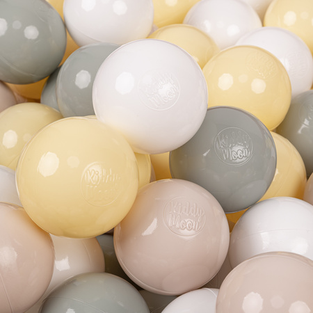 KiddyMoon Kinder Bälle für Bällebad Baby Spielbälle Plastikbälle ∅7cm Made in EU, pastellbeige/grüngrau/pastellgelb/weiß
