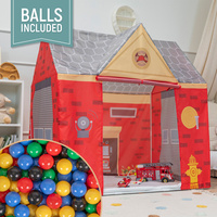 Spielhaus Spielzelt Feuerwehrhaus Faltbares Für Kinder Realistisches Design Langlebige Und Sichere Materialien Leicht Zu Montieren Perfekt Für Drinnen Und Draußen, rot-grau:schwarz/gelb/blau/rot/grün, 200 Bälle