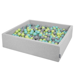 KiddyMoon Quadrat Bällebad Bällepool ∅ 7Cm Eckig Ballgruben Für Babys Spielbad Kleinkinder, Hergestellt in der EU, hellgrau:hellgrün-helltürkis-grau, 120x30cm/600 Bälle