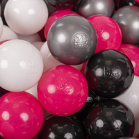 KiddyMoon Kinder Bälle für Bällebad Baby Spielbälle Plastikbälle ∅7cm Made in EU, weiß/schwarz/silbern/dunkelpink, 200 Bälle/7cm