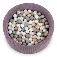 KiddyMoon Bällebad für Kinder aus Schaumstoff, weicher Rippbezug, abnehmbarer Bezug, waschbar, Violett: Pastellbeige/Weiß/Perle/Grau, 90 x 30 cm 200 Bälle
