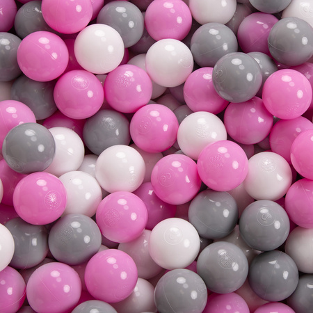 KiddyMoon Quadrat Bällebad Bällepool ∅ 7Cm Eckig Ballgruben Für Babys Spielbad Kleinkinder, Hergestellt in der EU, rosa:grau-weiß-pink, 120x30cm/600 Bälle