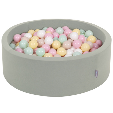KiddyMoon Rundes Bällebad mit Bällen für Baby aus Schaumstoff, salbeifarben:pastellbeige/pastellgelb/weiß/minze/puderrosa, 90 x 30 cm 200 Bälle