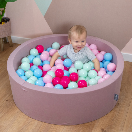 KiddyMoon Rundes Bällebad mit Bällen für Baby aus Schaumstoff, erikafarben: puderrosa/dunkelpink/babyblue/minze, 90 x 30 cm 200 Bälle