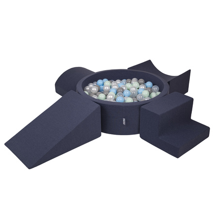 KiddyMoon Spielplatz aus Schaumstoff mit Bällebad und Bällen Hindernisläufen, dunkelblau:perle/grau/transparent/babyblue/minze, Bällebad (300 Bälle) + Version 5