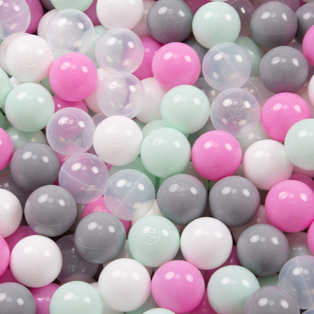 KiddyMoon Viertel Eckig Bällebad Bällepool ∅ 7Cm Ballgruben Für Babys Spielbad Kleinkinder, Hergestellt in der EU, hellgrau:transparent/grau/weiß/pink/minze, 90 x 30 cm 300 Bälle