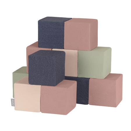 KiddyMoon Schaumstoff Würfel für Baby Weiche Blöcke Schaum Spielzeug Montessori-Spielzeug mit Schaum und viel Spaß für Kinder, Blöcke: erikafarben-dunkelblau-beige-salbeifarben, 12 Stücke