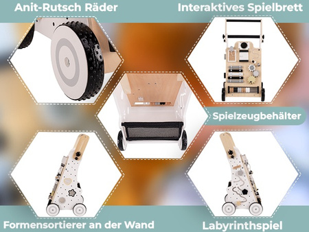 KiddyMoon Lauflernwagen aus Holz für Babys und Kleinkinder, Lauflernhilfe WK-001 Schwarz - Weiß, Griff Verstellbar