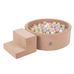 KiddyMoon Spielplatz Velvet Aus Schaumstoff Mit Samt Rund Bällebad Ballgruben Für Babys Spielbad Hindernisläufen, Hergestellt In Der EU, wüstenrosa: pastellbeige/pastellgelb/weiß/minze/puderrosa, Bällebad (200 Bälle) + Stüfchen
