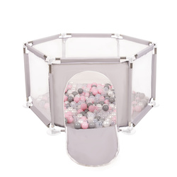 Sechseckiger Laufstall mit Bällen Laufgitter für Kinder, Grau:perle/grau/transparent/puderrosa, 200 Bälle