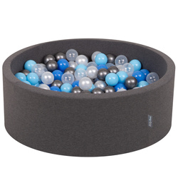 KiddyMoon Bällebad Bällepool mit bunten Bällen ∅ 7Cm  für Babys Kinder Rund, dunkelgrau:perle/blau/baby blue/transparent/silber, 90x30cm/200 Bälle