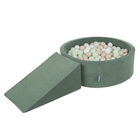 KiddyMoon Spielplatz Velvet Aus Schaumstoff Mit Samt Rund Bällebad Ballgruben Für Babys Spielbad Hindernisläufen, Hergestellt In Der EU, waldgrün: pastellbeige/weiß/minze, Bällebad (200 Bälle) + Zwickel