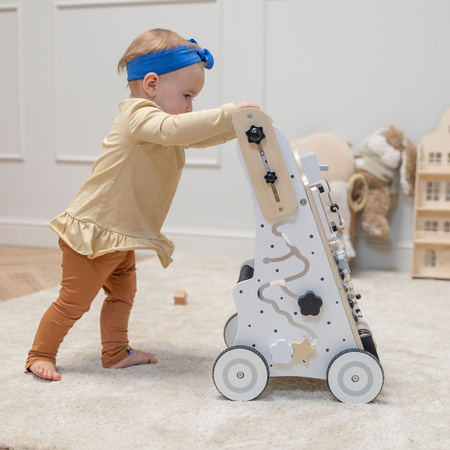 KiddyMoon Lauflernwagen aus Holz für Babys und Kleinkinder, Lauflernhilfe WK-001 Schwarz - Weiß, Griff Verstellbar