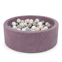 KiddyMoon Bällebad für Kinder aus Schaumstoff, weicher Rippbezug, abnehmbarer Bezug, waschbar, Violett: Pastellbeige/Weiß/Perle/Grau, 90 x 30 cm 200 Bälle