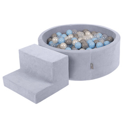 KiddyMoon Spielplatz Aus Schaumstoff Für Kinder mit Bälle Waschbare Bezug, dunkelgrau: perle/grau/transparent/babyblau, Bällebad (100 Bälle) + Stüfchen