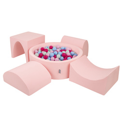 KiddyMoon Spielplatz aus Schaumstoff mit Rund Bällebad (300 Bälle) Ballgruben für Babys Spielbad Hindernisläufen, Hergestellt in der EU, pink:puderrosa/dunkelpink/babyblau/minze, Bällebad (200 Bälle) + Version 1