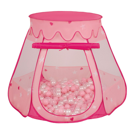 Baby Spielzelt Mit Plastikbällen Für Kinder Leicht und Kompakt ideal für Drinnen Und Draußen Fördert Sensorische Integration Schneller Aufbau, pink:puderrosa-perle-transparent, 100 Bällen