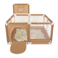 Laufstall mit Korb und Bällen Laufgitter für Kinder, beige:pastellbeige/pastellblau/pastellgelb/minze, 100 Bälle