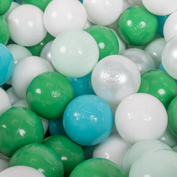 KiddyMoon Kinder Bälle für Bällebad Baby Plastikbälle Spielbälle ∅6cm Made in EU, türkis/weiß/perle/grün/minze, 100 Bälle/6cm