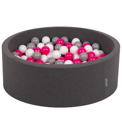 KiddyMoon Bällebad Bällepool mit bunten Bällen ∅ 7Cm  für Babys Kinder Rund, dunkelgrau:weiß/grau/dunkelpink, 90x30cm/200 Bälle
