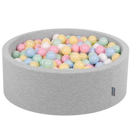 KiddyMoon Bällebad Bällepool mit bunten Bällen ∅ 7Cm  für Babys Kinder Rund, hellgrau:pastellblau/pastellgelb/weiß/minze/puderrosa, 90 x 30 cm 200 Bälle