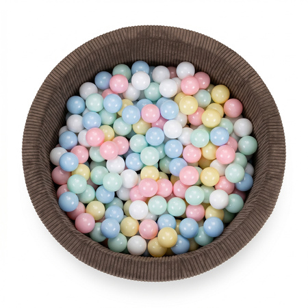 KiddyMoon Bällebad für Kinder aus Schaumstoff, weicher Rippbezug, abnehmbarer Bezug, waschbar, Braun: Pastellblau/Pastellgelb/Weiß/Minze/Puderros, 90 x 30 cm 200 Bälle