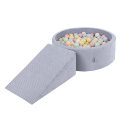 KiddyMoon Spielplatz Aus Schaumstoff Für Kinder mit Bälle Waschbare Bezug, dunkelgrau: pastellblau/pastellgelb/weiß/minze/puderrosa, Bällebad (200 Bälle) + Zwickel