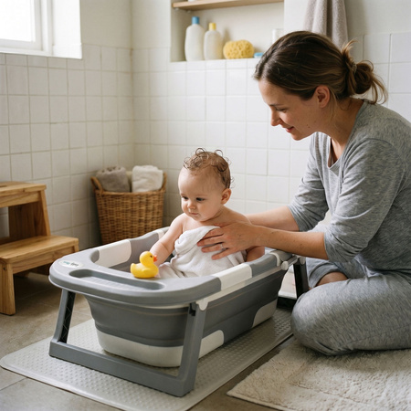 KiddyMoon Faltbare Babybadewanne Kunststoff mit Badekissen, Grau, M