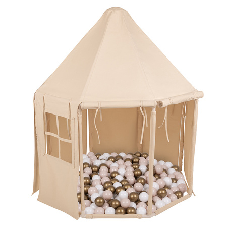 KiddyMoon Spielzelt Kinderzelt Faltbare Für Kinder Pavillon Förmiges Kinderhaus Leicht Zu Montieren Zum Spielen Und Entspannen Geeignet Für Drinnen Und Draußen, Naturfarbe:pastellbeige/weiß/gold, 300 Bälle