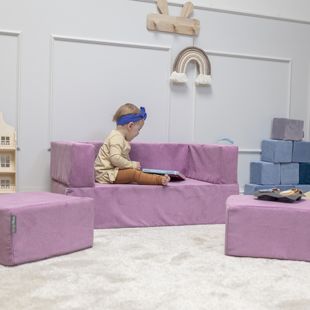 KiddyMoon Kindersofa Modular mit Weichem Zwickel und Bällen Für Kinderzimmer Bequem Vielseitig Gerippter Stoff Abnehmbarer Bezug Perfekt zum Spielen und Entspannen, violett, Sofa/Zwickel