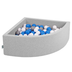 KiddyMoon Viertel Eckig Bällebad Bällepool ∅ 7Cm Ballgruben Für Babys Spielbad Kleinkinder, Hergestellt in der EU, hellgrau:grau/weiß/blau, 90x30cm/200 Bälle