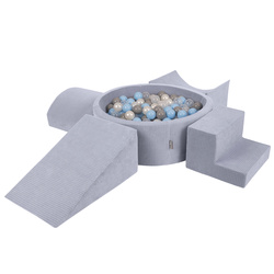 KiddyMoon Spielplatz Aus Schaumstoff Für Kinder mit Bälle Waschbare Bezug, dunkelgrau: perle/grau/transparent/babyblau, Bällebad (200 Bälle) + Version 5