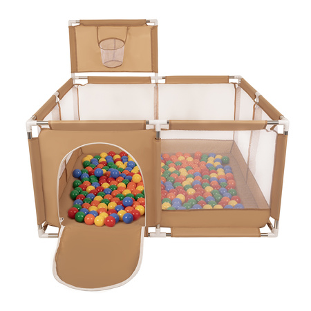 Laufstall mit Korb und Bällen Laufgitter für Kinder, beige:gelb/grün/blau/rot/orange, 400 Bälle