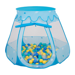 Baby Spielzelt Mit Plastikbällen Für Kinder Leicht und Kompakt ideal für Drinnen Und Draußen Fördert Sensorische Integration Schneller Aufbau, blau:türkis-blau-gelb-transparent, 100 Stück