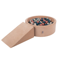 KiddyMoon Spielplatz Velvet  Aus Schaumstoff Mit Samt Rund Bällebad Ballgruben Für Babys Spielbad Hindernisläufen, Hergestellt In Der EU, wüstenrosa: dunkeltürkis/pastellbeige/grüngrau/lachsfarben, Bällebad (100 Bälle) + Zwickel