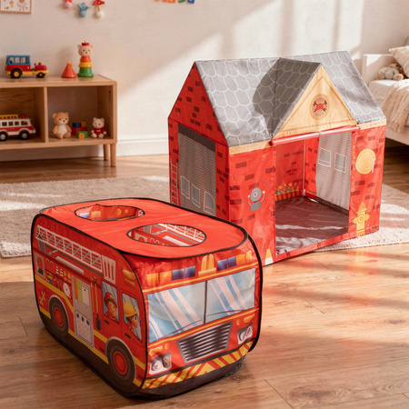 Feuerwehrauto Zelt Und Feuerwache Zelt Spielhaus Für Kinder Spielzelt Set Faltbar Pop Up Indoor Outdoor Rollenspiel Geschenk Für Jungen Mädchen Abenteuer PH-400X+PH-500X, Rot, Keine Bälle