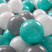 KiddyMoon Kinder Bälle für Bällebad Baby Spielbälle Plastikbälle ∅7cm Made in EU, weiß/grau/helltürkis