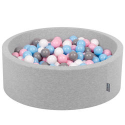 KiddyMoon Bällebad Bällepool mit bunten Bällen ∅ 7Cm  für Babys Kinder Rund, hellgrau:weiß/grau/babyblau/puderrosa, 90x30cm/300 Bälle
