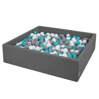 KiddyMoon Quadrat Bällebad Bällepool ∅ 7Cm Eckig Ballgruben Für Babys Spielbad Kleinkinder, Hergestellt in der EU, dunkelgrau:grau-weiß-türkis, 120x30cm/1000 Bälle