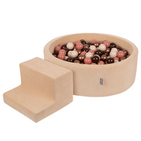 KiddyMoon Spielplatz Velvet Aus Schaumstoff Mit Samt Rund Bällebad Ballgruben Für Babys Spielbad Hindernisläufen, Hergestellt In Der EU, sandbeige:braun/kupferrot/pastellbeige/lachsfarben, Bällebad (100 Bälle) + Stüfchen