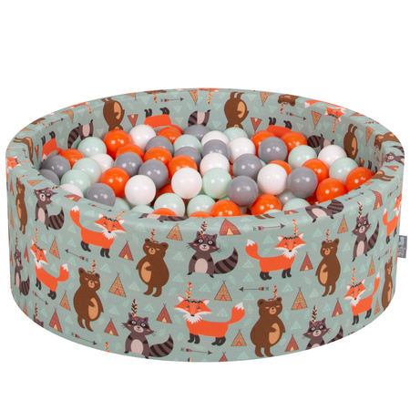 KiddyMoon Rund Bällebad Bällepool ∅ 7Cm Ballgruben Mit Bunten Bällen Für Babys Spielbad Kleinkinder, Hergestellt in der EU, Füchse-grün:orange/mint/grau/weiß, 90x30cm/200 Bälle